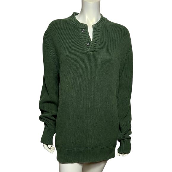 Eddie Bauer Premium Cotton Tall L Henley Sweater Forest Green Ribbed Outdoor USA - Picture 1 of 5